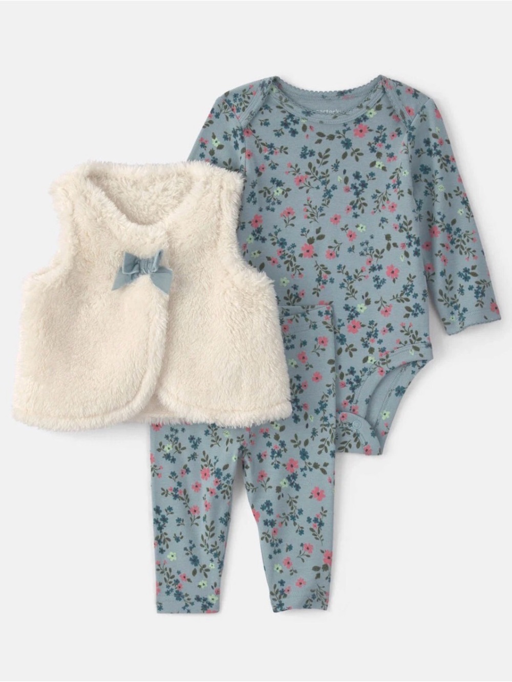 New Carter’s Baby Girl 3-Piece Floral Teddy Fleece Layering Set - Blue/Cream